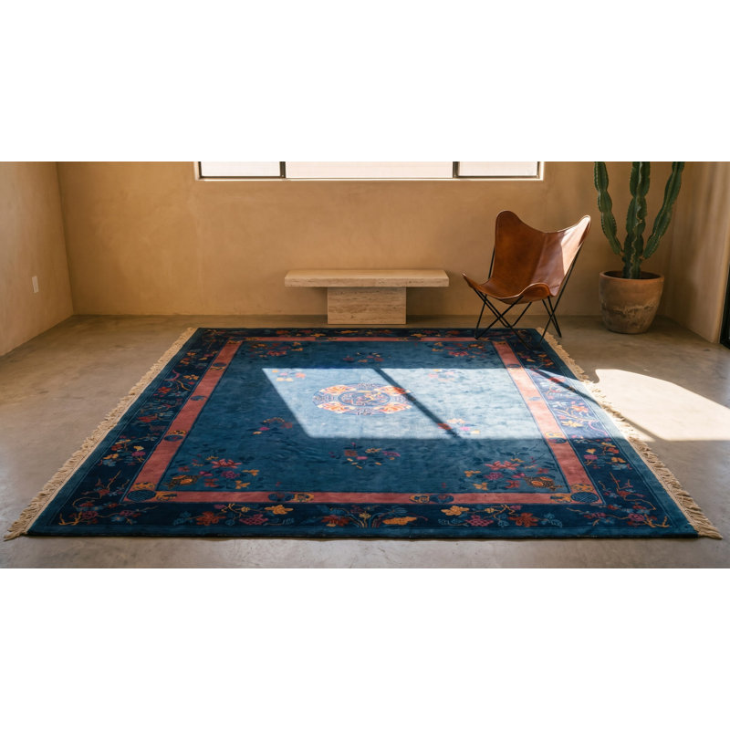 Wool Hand Knotted Pile Antique Blue 1920s Floral Medallion Rectangle Rug