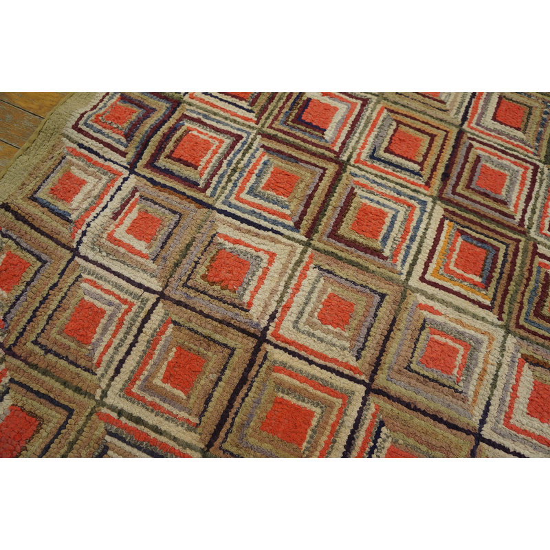 Antique American Folk Art Geometric Log Cabin Squares Design Hooked Rug