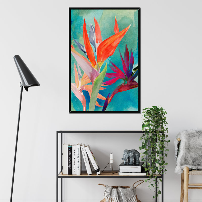Vivid Birds of Paradise I by Jennifer Paxton Parker - Painting, 95cm H x 65cm W, Black Single Picture Framed Paper