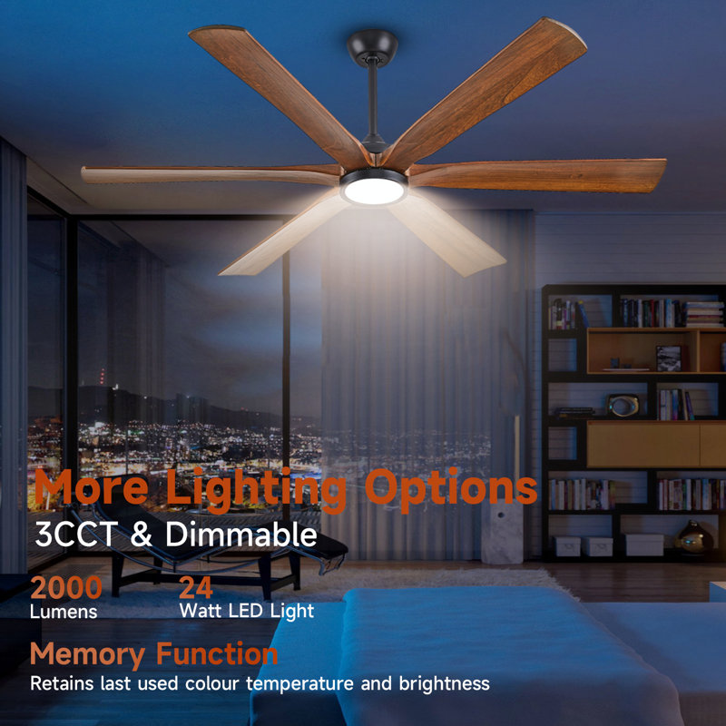 Modern 6 Blade Solid Wood Ceiling Fan With Led Light And Remote, Black, 72" Wide, Brown