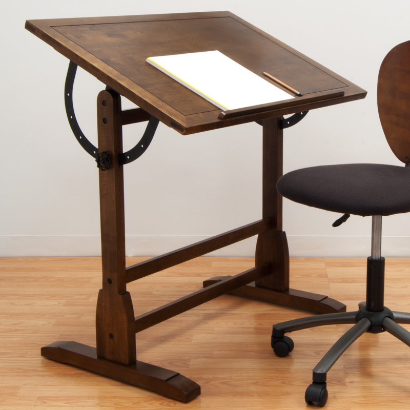 Gumesindo Solid Wood Top Drafting Table, Rustic Oak, 34.25" H x 42" W x 30" D