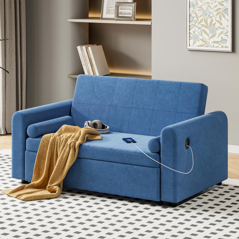 3 Seater Linen Sofa Bed, Blue Velvet
