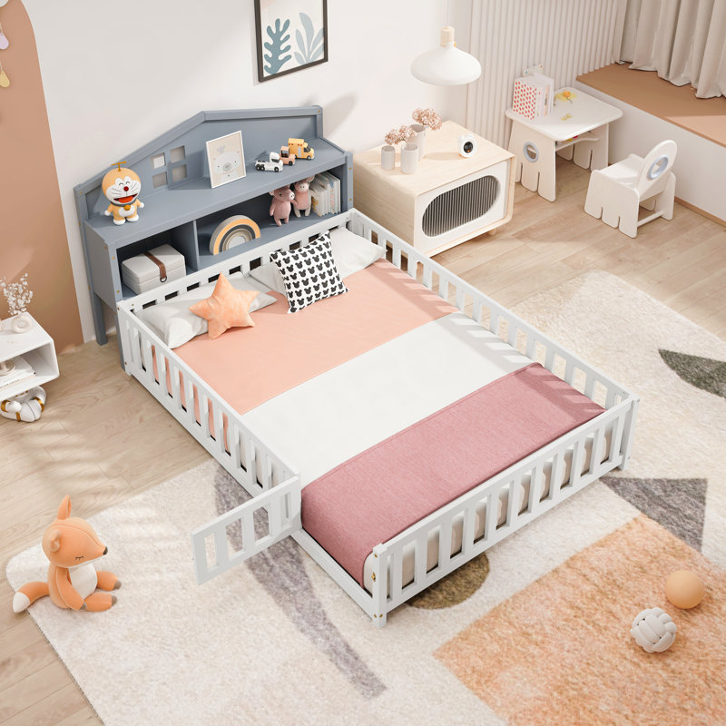 Tête de lit pleine grandeur avec armoire de rangement Montessori - gris, Gray