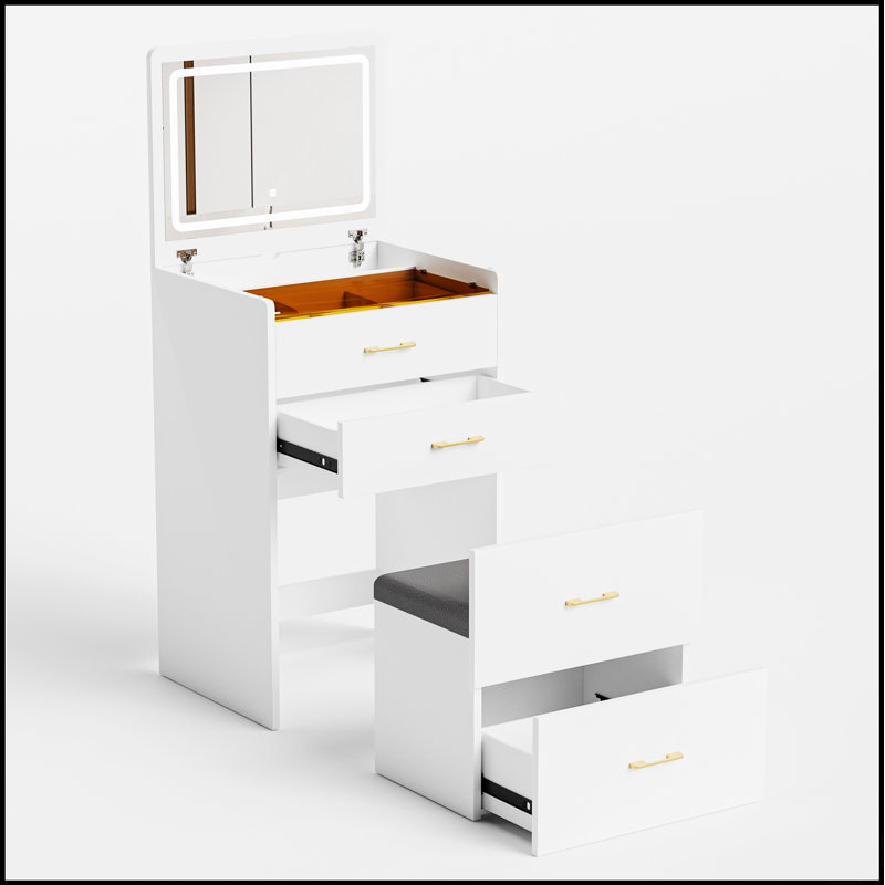 Meuble-lavabo 3-en-1 avec miroir ouvert, bureau en verre et 3 tiroirs, station de maquillage compacte avec tabouret pour la chambre à coucher