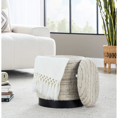 Laine tissée à la main crème 18 po pour rangement, base en métal noir, largeur intérieure de 14,25 po, couvercle amovible, largeur et profondeur du produit de 16 po