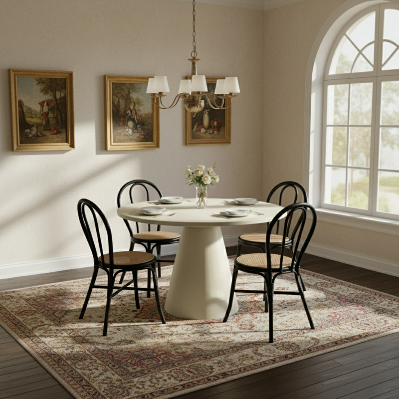 Ensemble repas 5 pièces en rotin et bois rétro avec chaises à haut dossier et table ronde, Blanc crémeux