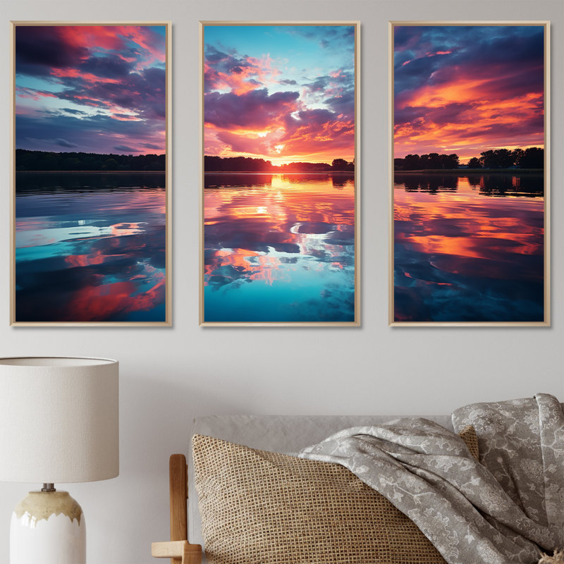 Horizon, coucher de soleil au bord du lac III - lac, art mural, Cadre flottant brun, H 28 po x l 36 po x P 1 po