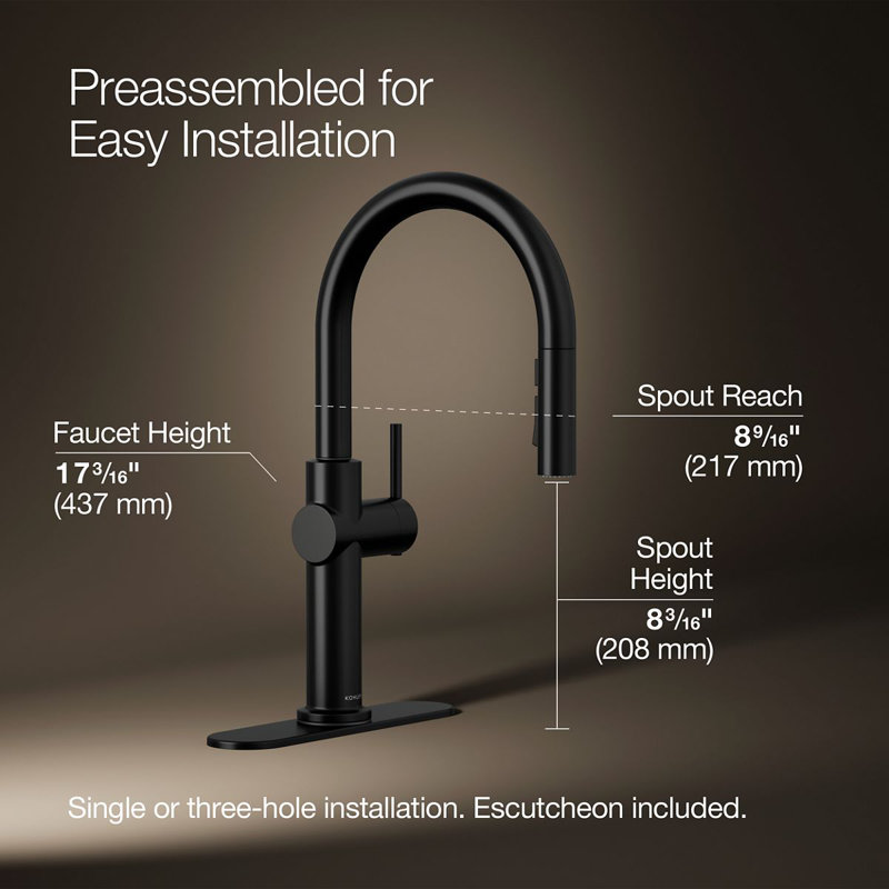 Kohler Crue Single Handle Pull Down Kitchen Faucet with Three-Function Pull Down Sprayer, Matte Black
