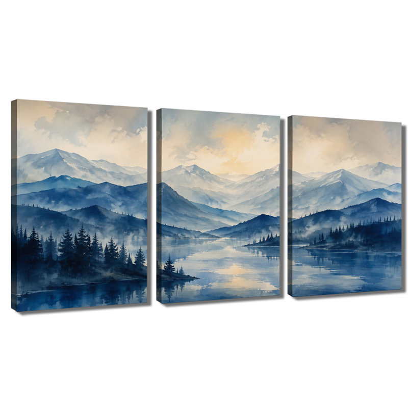Impression sur toile tendue à 3 panneaux, art de montagne bleu, 16*24inch*3