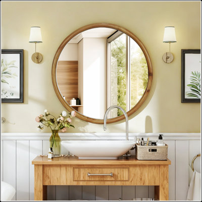 Round Wood Framed Wall Mirror, 23.62 Inch Natural Wooden Circle Mirror For Bathroom, Bedroom, Entryway, Mid-Century Modern Decor