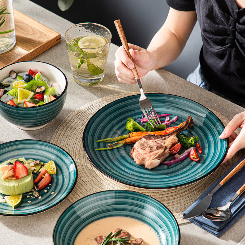 24 Piece Handmade Stoneware Dinnerware Set - Service for 6, Green