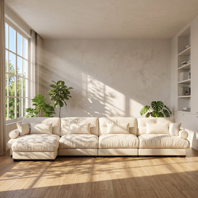 Aura 166" W x 61.8" D x 35" H 4-Seater Cream Velvet Modular L-Shaped Sectional Sofa