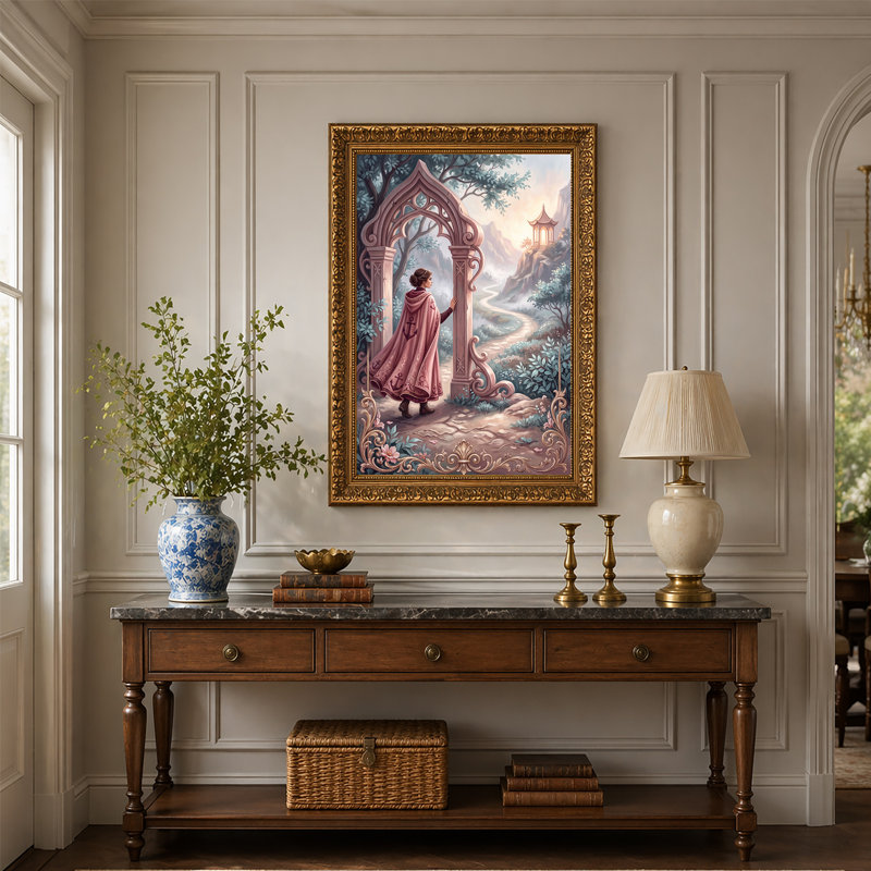 «Woman In Pink Cloak At Gothic Archway», art mural sur toile brumeuse, 30"H x 20"W