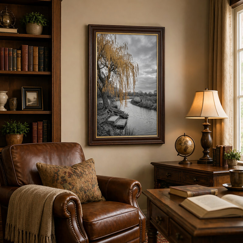 Art mural antique sur toile encadré doré pour le salon, la chambre à coucher, le bureau ou le vestibule - décoration murale décorative avec rivière Willow
