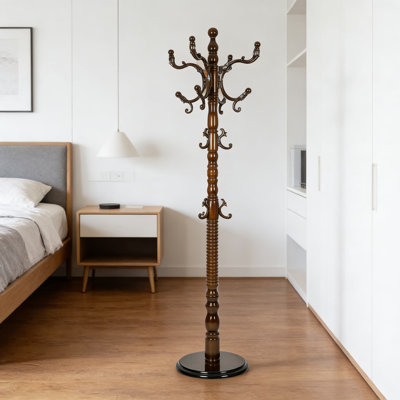 Freestanding Wooden Coat Rack With 14 Hooks And Adjustable Height, Sturdy Hall Tree With Solid Round Base For Entryway, Hallway, And Bedroom