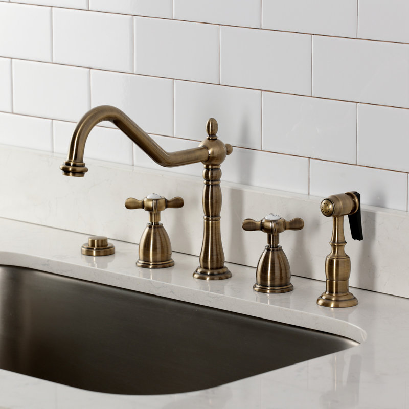 Kingston Brass Essex Double-Handle 4-Hole Widespread Kitchen Faucet With Brass Sprayer, Antique Brass