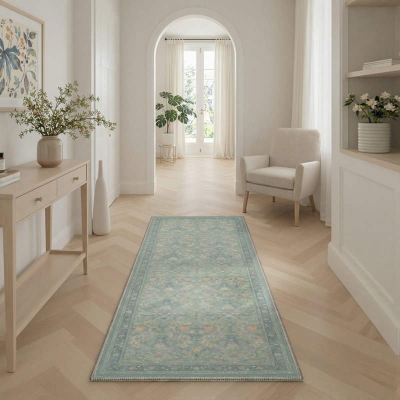 Atascadero Linden Vintage Floral Machine Washable Green Indoor Area Rug with Non-Slip Backing, Runner 2' x 6'