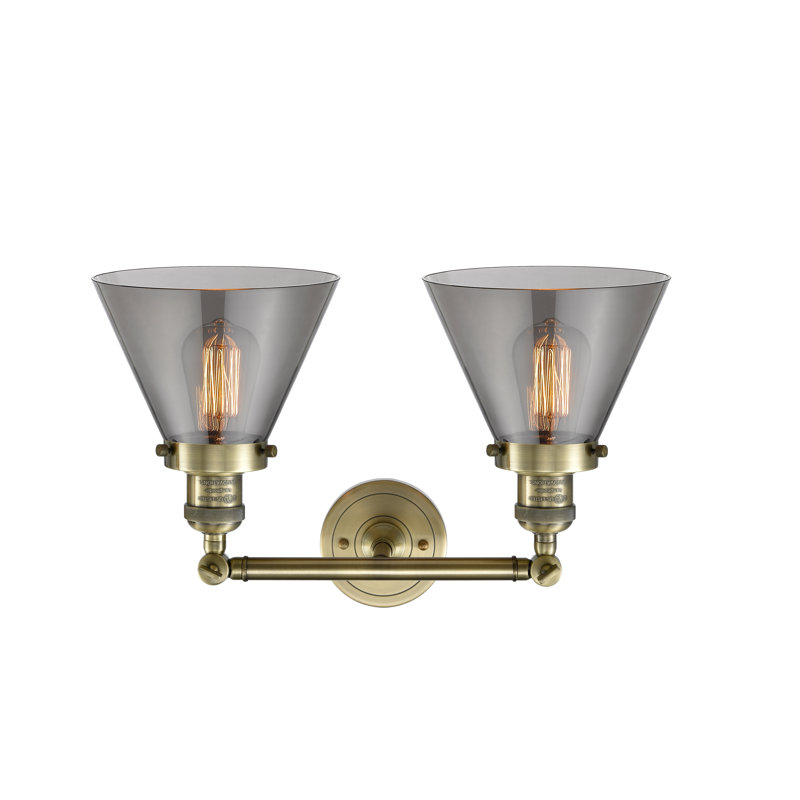 Cone 2 Light Bath Vanity Light, Smoked, 6 Watt Vinage LED Bulb, Antique Brass