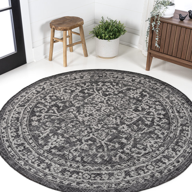 Massimo Bohemian Medallion Textured Weave Black/Gray Indoor/Outdoor Rug, Round 5'3"