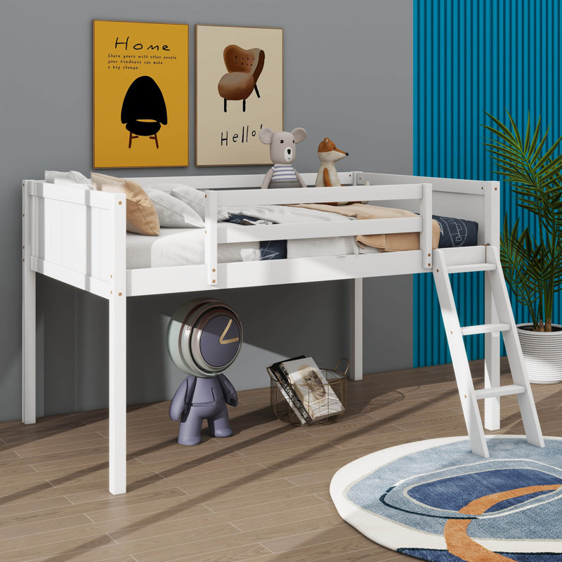 Twin size Wood Low Loft Bed with Ladder, White