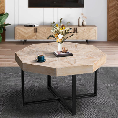 Wood Octagonal Vintage Patchwork Craft Farmhouse Coffee Table For Living Room