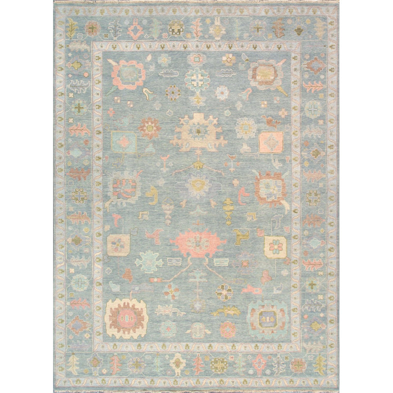 Wool Oriental Area Rug in Light Blue/Pink/Moss