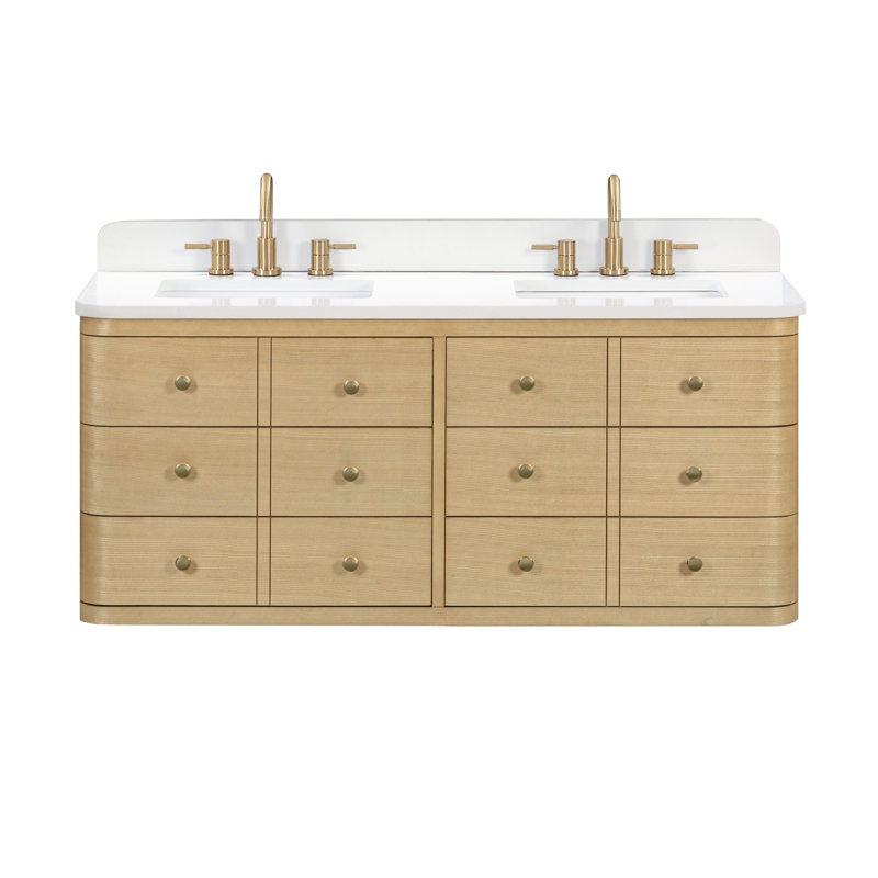 Meuble-lavabo à double cuve 60 po Serena en chêne blanc avec plateau Serena, Quartz blanc, 61"