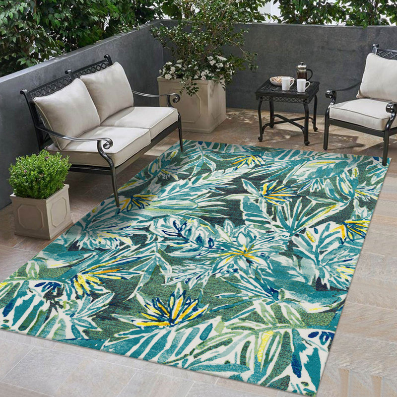 Sunshine Outdoor Plant Floral Area Rug Green/Blue/Yellow, Rectangle 5' x 7'