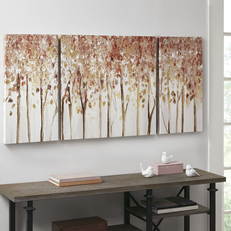 Art mural texturé - image de forêt d'automne, pièce décorative pour la maison, peinte à la main texturée, 27 po x 27 po et 13,5 po x 27 po, lanterne rouge, toile, 3 pièces gel, élément de décoration, suspension, scintillement,