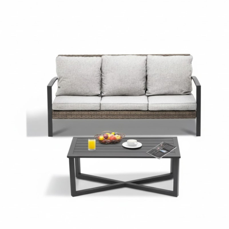 2-Piece Wicker Patio Conversation Set with Gray Cushions & Coffee Table