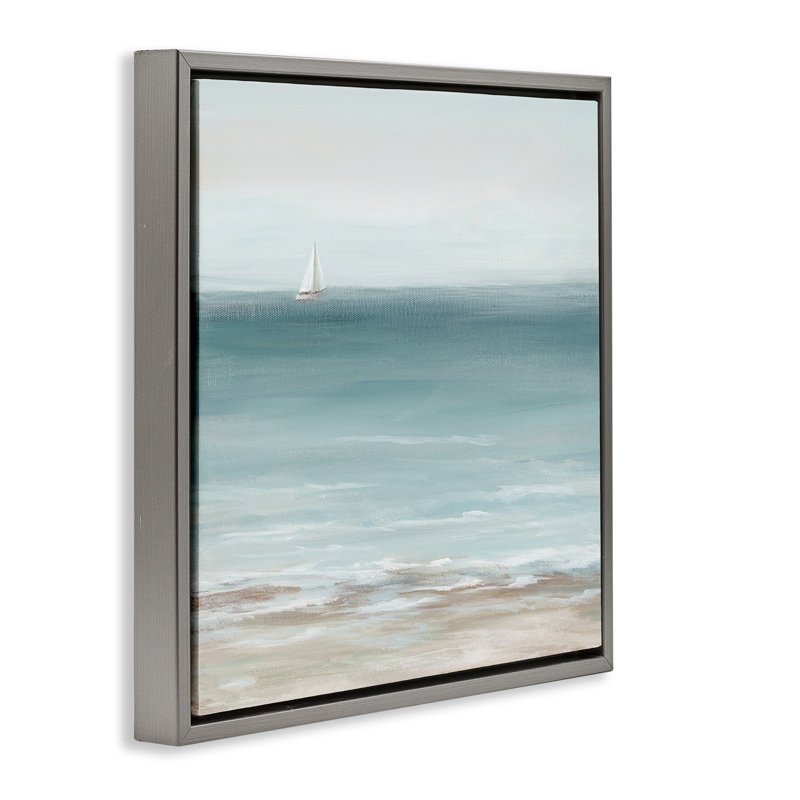 "Faraway Boat on Ocean", art mural sur toile flottante par Nan, H 18 po x l 18 po, Cadre flottant gris lustré
