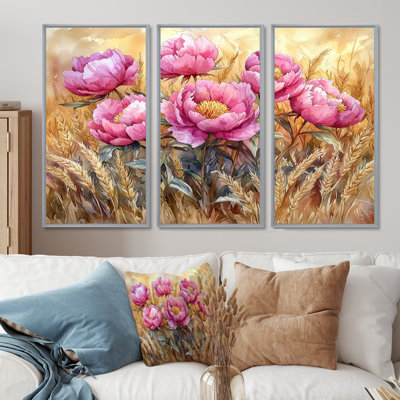 Paysage de pivoines dans le champ d'ambre II - décorations murales pivoines - 3 pièces
