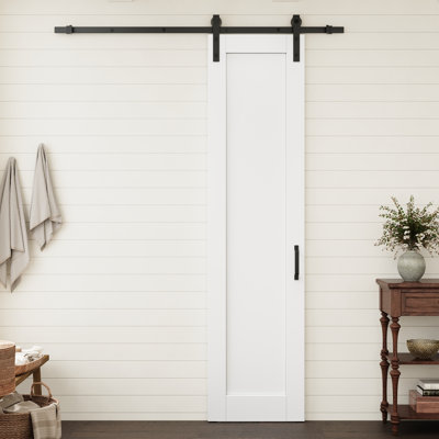 24" x 96" Interior 1 Panel Solid Core Primed Prefinished Standard Slab Door With Black Barn Door Hardware Kit