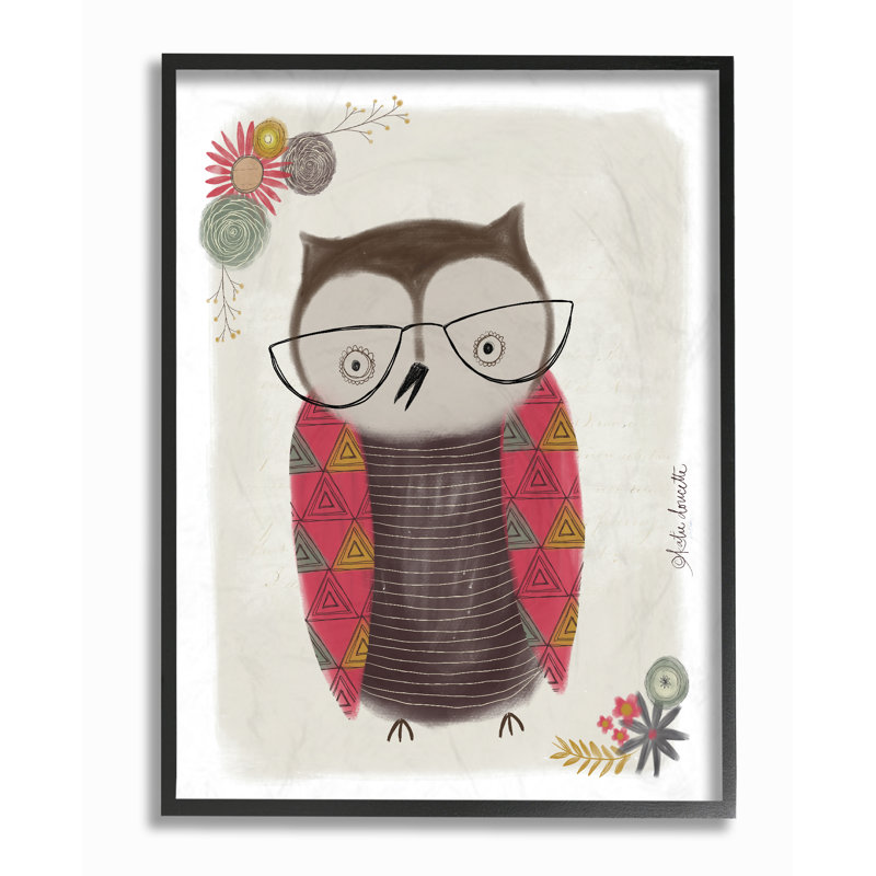 Chouette nerd, illustration sur toile, H 20 po x l 16 po x P 1,5 po, Giclée encadrée noir minuit