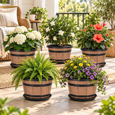 Lot de 5 pots de fleurs en plastique en forme de tonneau de whisky de 30 cm avec soucoupes