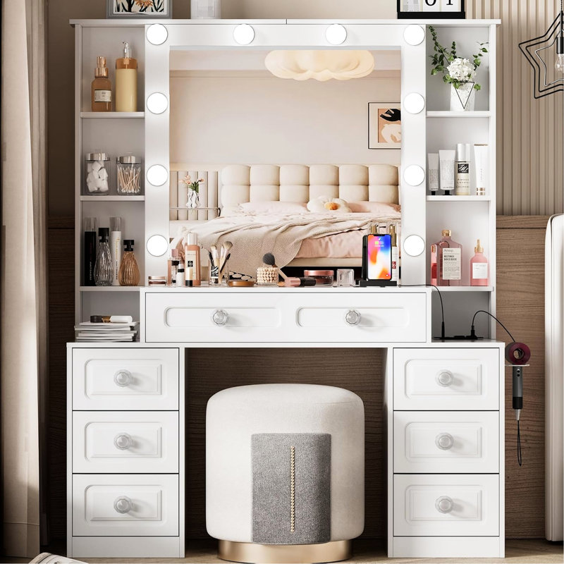 Meuble-lavabo pour femme avec lumières, miroir, 7 tiroirs, tabouret, luminaire - Accessoires de table réglables et alimentés