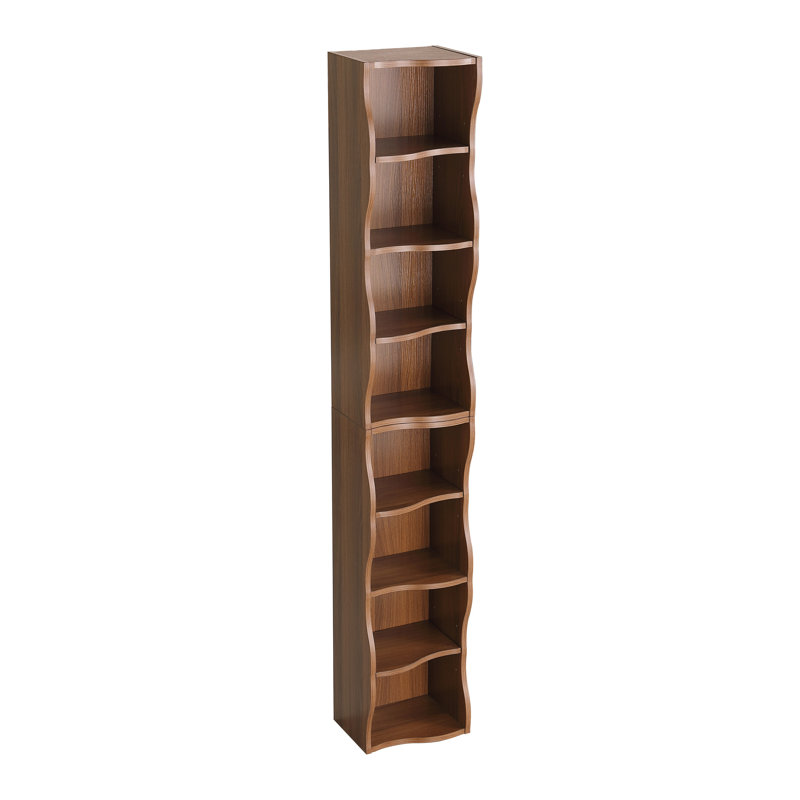 Bibliothèque ultra-mince à 8 tablettes réglables avec bordure ondulée, Noyer