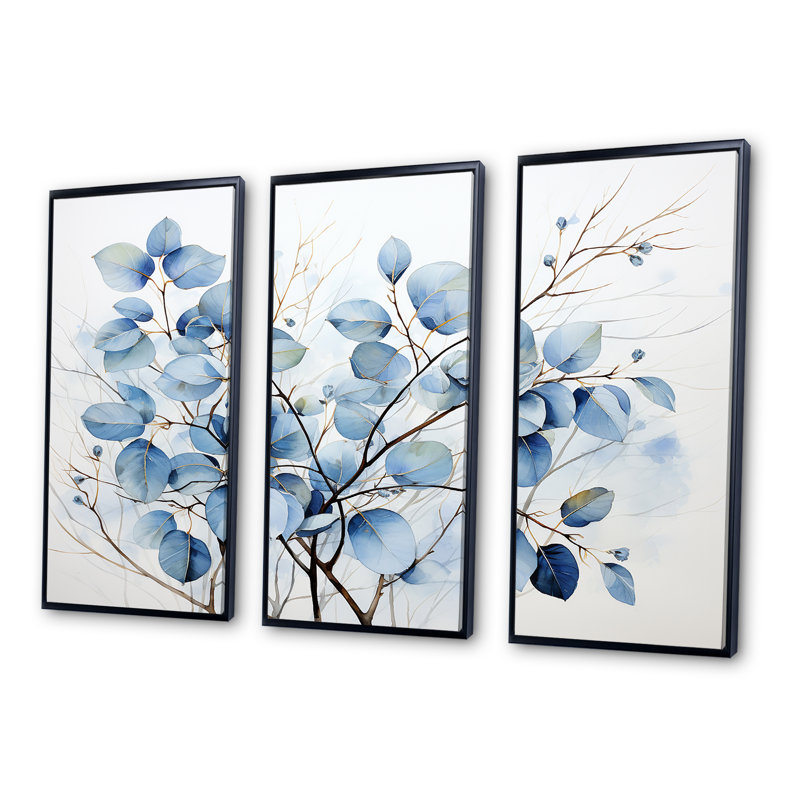 «Blue On», Leaves on Branch III - feuilles, ensemble d'art sur toile, Cadre flottant noir, H 32 po x l 48 po x P 1 po