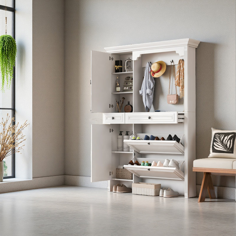 54.7'' Hall Tree With Integrated Shoe Cabinet And Mirrored Cabinet Door, Coat Hanger, Entryway Bench, 4-In-1 Design