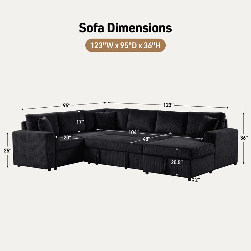 Canapé-lit modulaire en velours côtelé l 123 po avec méridienne de rangement et coussins décoratifs Ruxley
