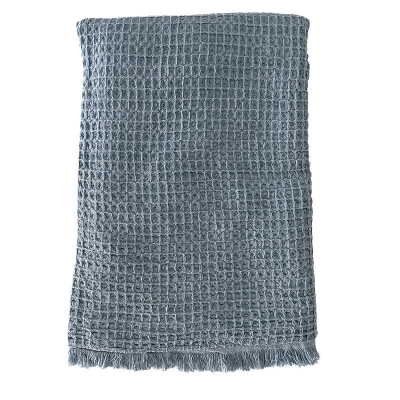 Vintage Blue Cotton Waffle Throw Blanket with Fringe