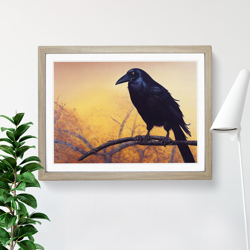 Masterful Crow Bird - Single Picture Frame Painting, 25cm H x 34cm W x 2cm D, Oak
