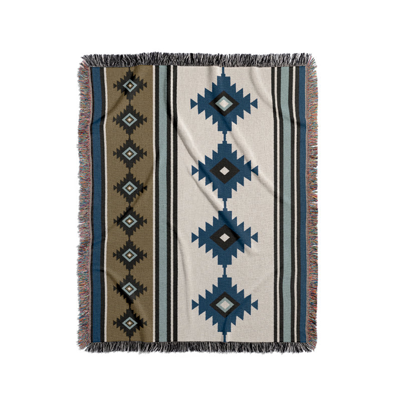 Couverture en mélange de coton Carlos South Western, L 60 po x l 60 po, Bleu / noir / or terne / blanc cassé