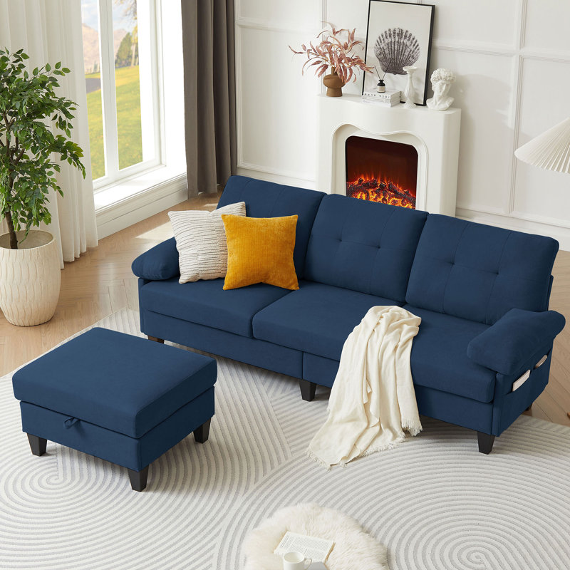 Marchel Upholstered L-Shaped Sectional with Ottoman Reversible, Blue 100% Linen