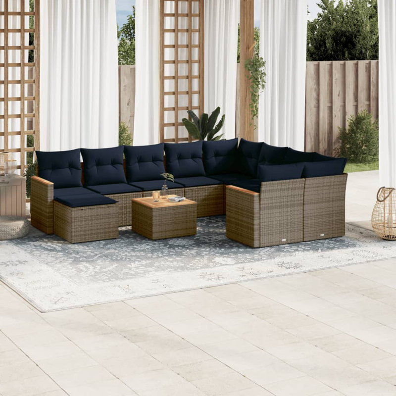  Ensemble de canapé de patio 11 pièces avec coussins en rotin de polyester gris, Gris, Marine