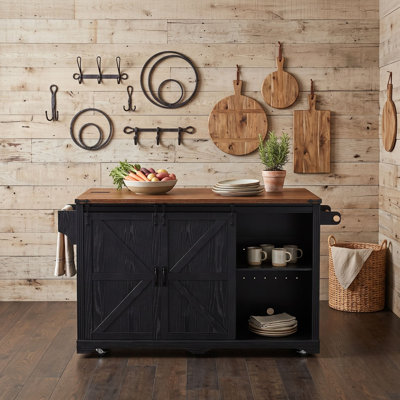 Farmhouse Kitchen Island with Drop Leaf, Mini Fridge Space, Sliding Barn Doors, Wine Glass Racks and Charging Station