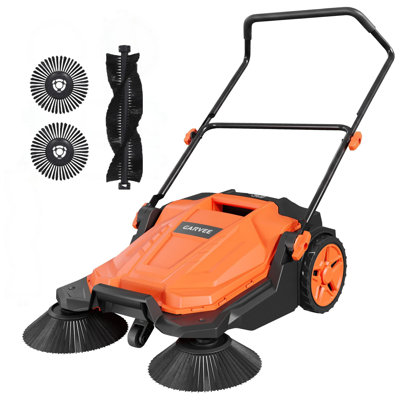 Balayeuse manuelle à plancher robuste de 25,6 po de largeur, bac de 5 gallons, non électrique, poignée pliante réglable, balai poussoir extérieur pour garage, allée, patio, atelier - noir + orange (RAL2004)