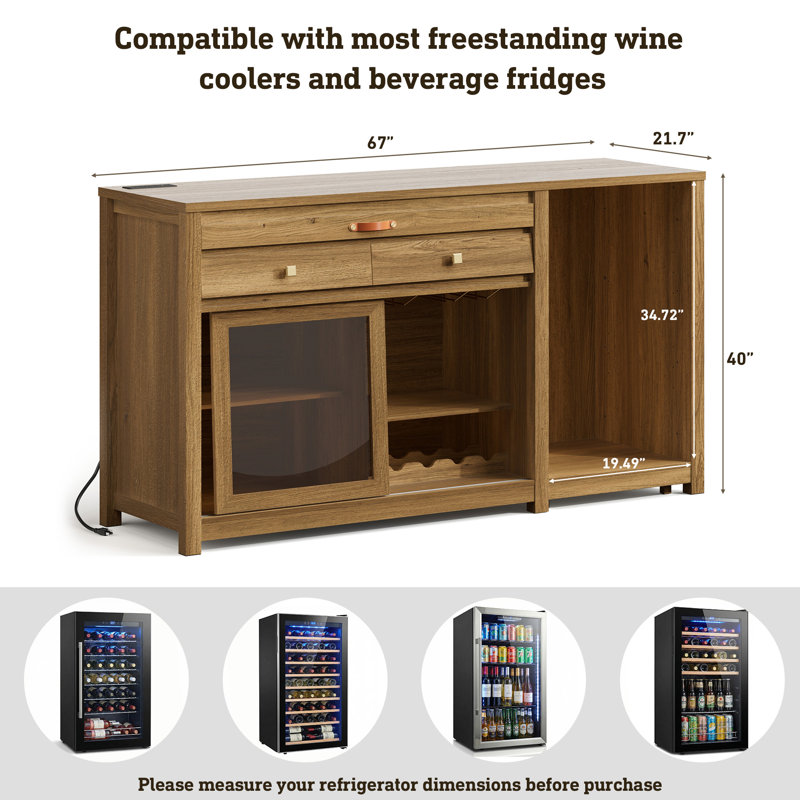 Extra Large Coffee Bar Cabinet With Fridge Space & Power Outlet, Mini Fridge Cabinet With Bar Tray & 2 Drawers & Sliding Door, Buffet Sideboard With Wine Rack & Glass Holder & Adjustable Shelves, Natural