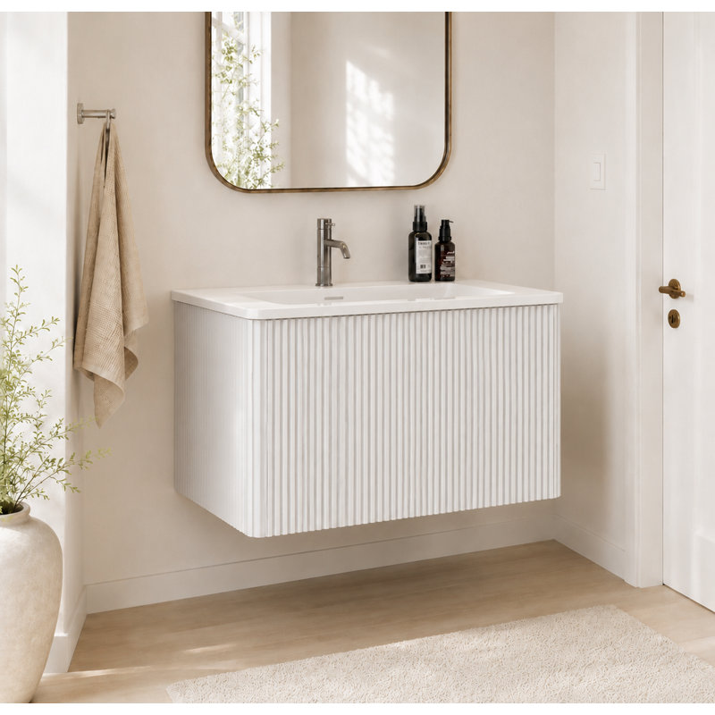 Meuble-lavabo suspendu de 76 cm (30 po) avec lavabo en surface solide blanche, armoire murale rayée blanc doux, lavabo monobloc, meuble-lavabo moderne préassemblé, bonde non incluse