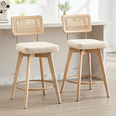 Uniondale Swivel Linen Upholstered 26.2'' Counter Stool with Rattan Cane Back and Solid Wood Frame